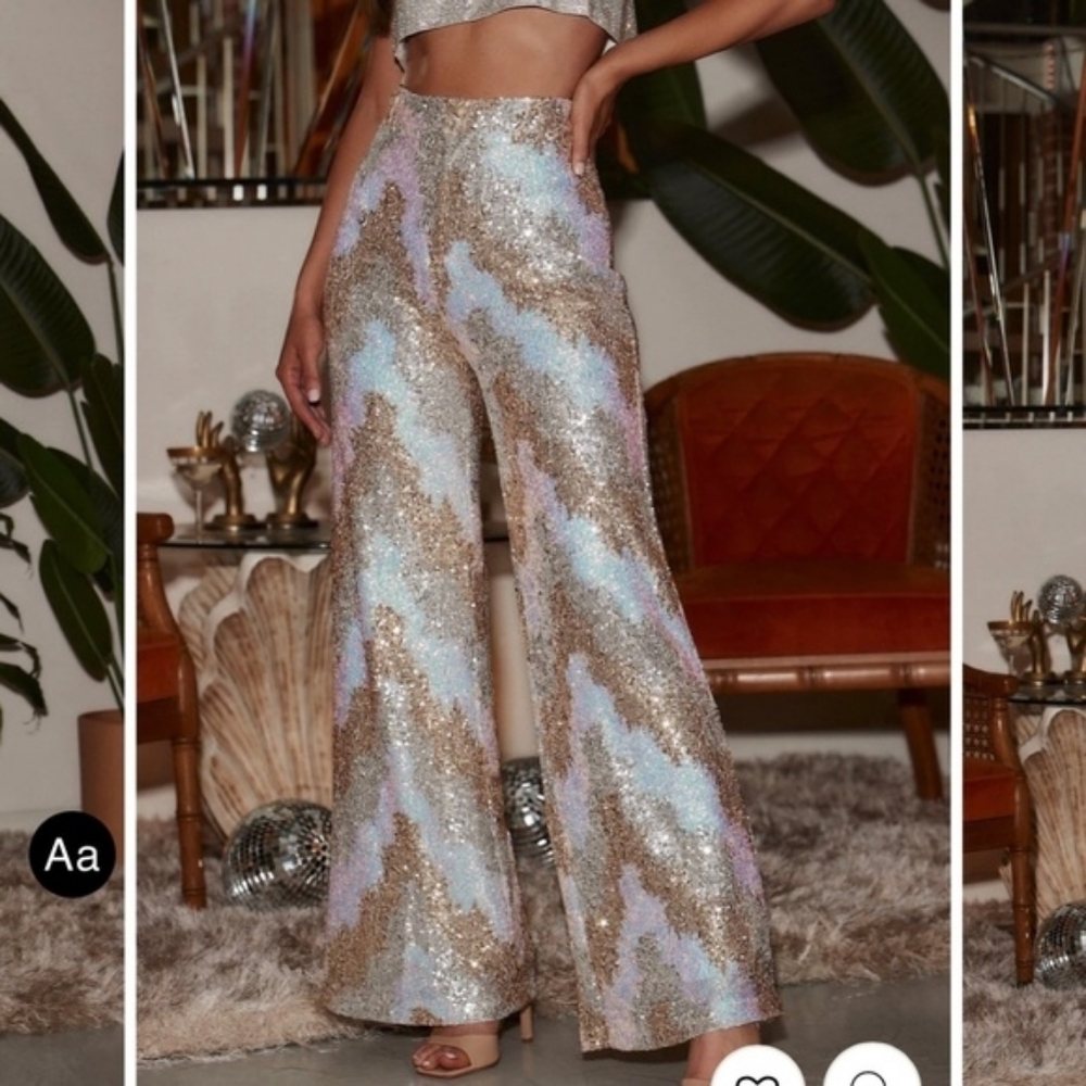 12th Tribe Sequin Wide Leg Pants in Gold, Light Blue & Lavender